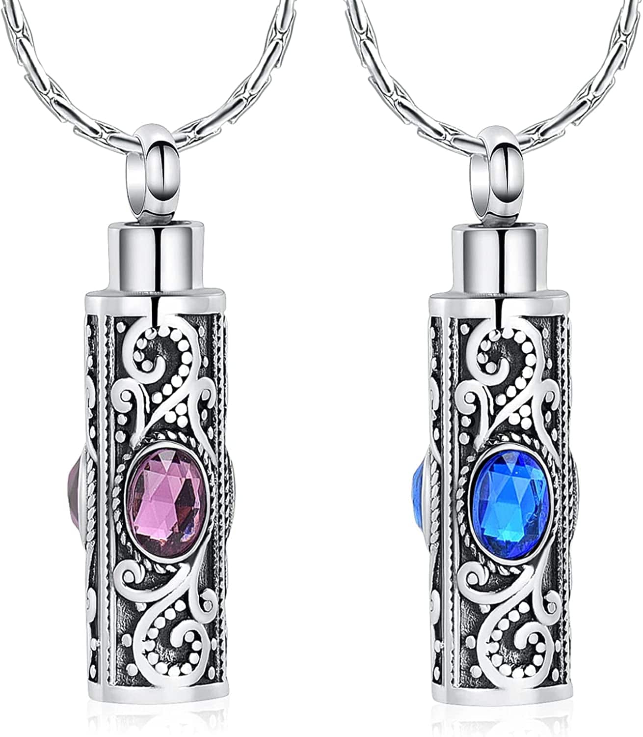 Constantlife Cremation Jewelry for Ashes Crystal Stainless Steel Cylinder Urn Pendant Memorial Necklace Keepsake for Women/Men 2Pcs-Purple+Blue