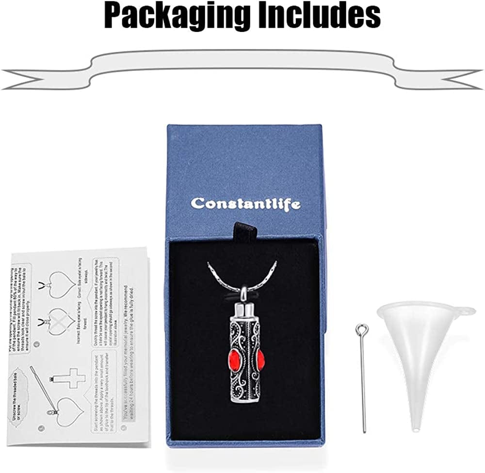 Constantlife Cremation Jewelry for Ashes Crystal Stainless Steel Cylinder Urn Pendant Memorial Necklace Keepsake for Women/Men