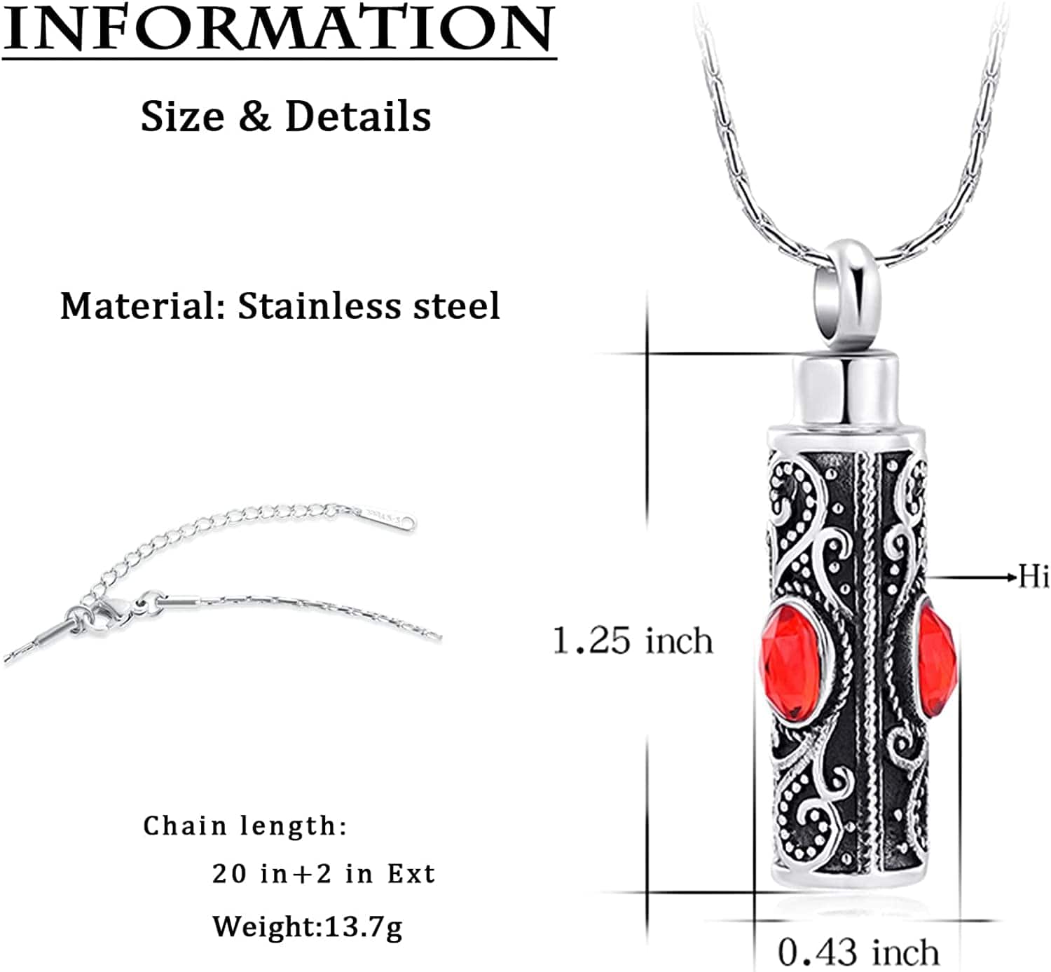 Constantlife Cremation Jewelry for Ashes Crystal Stainless Steel Cylinder Urn Pendant Memorial Necklace Keepsake for Women/Men