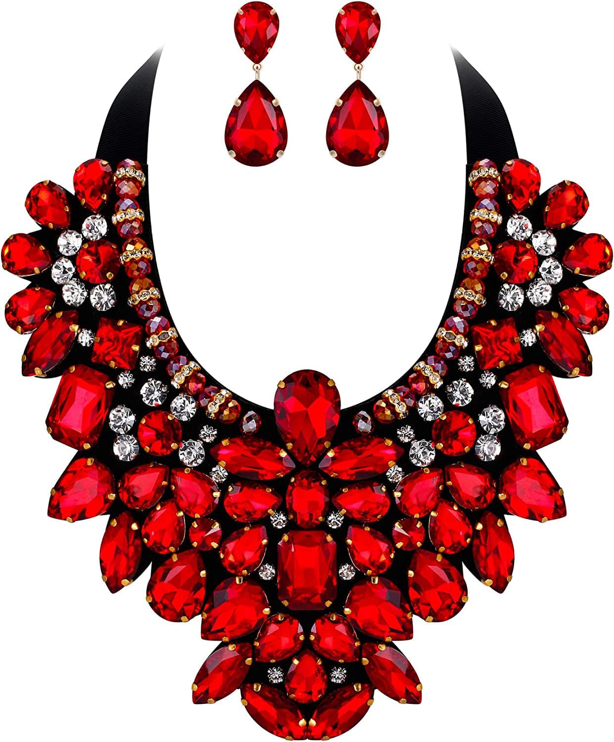 Costume Jewelry for Women, 9 Colors Rhinestone Crystal Statement Necklace Earrings Set Ruby Color