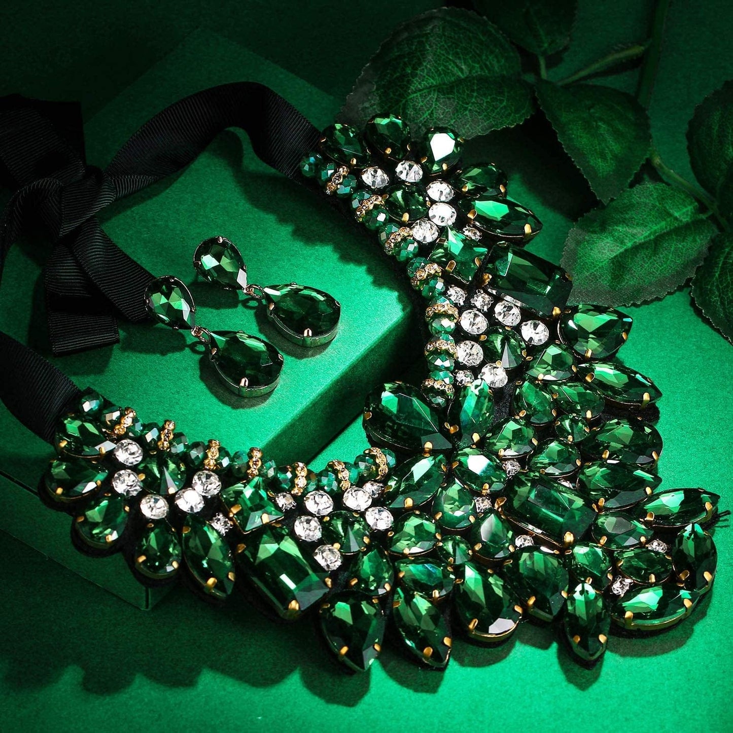 Costume Jewelry for Women, 9 Colors Rhinestone Crystal Statement Necklace Earrings Set