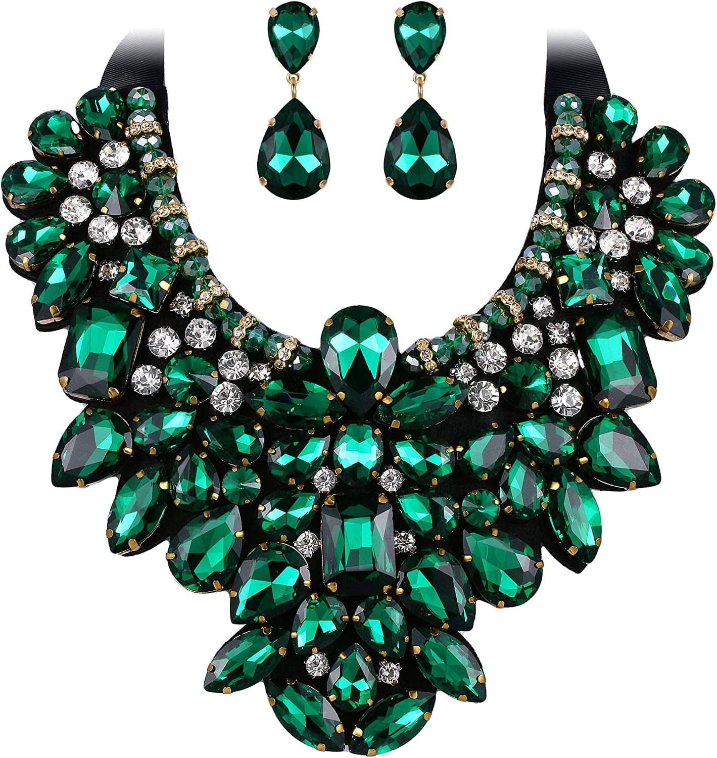 Costume Jewelry for Women, 9 Colors Rhinestone Crystal Statement Necklace Earrings Set Emerald Gree