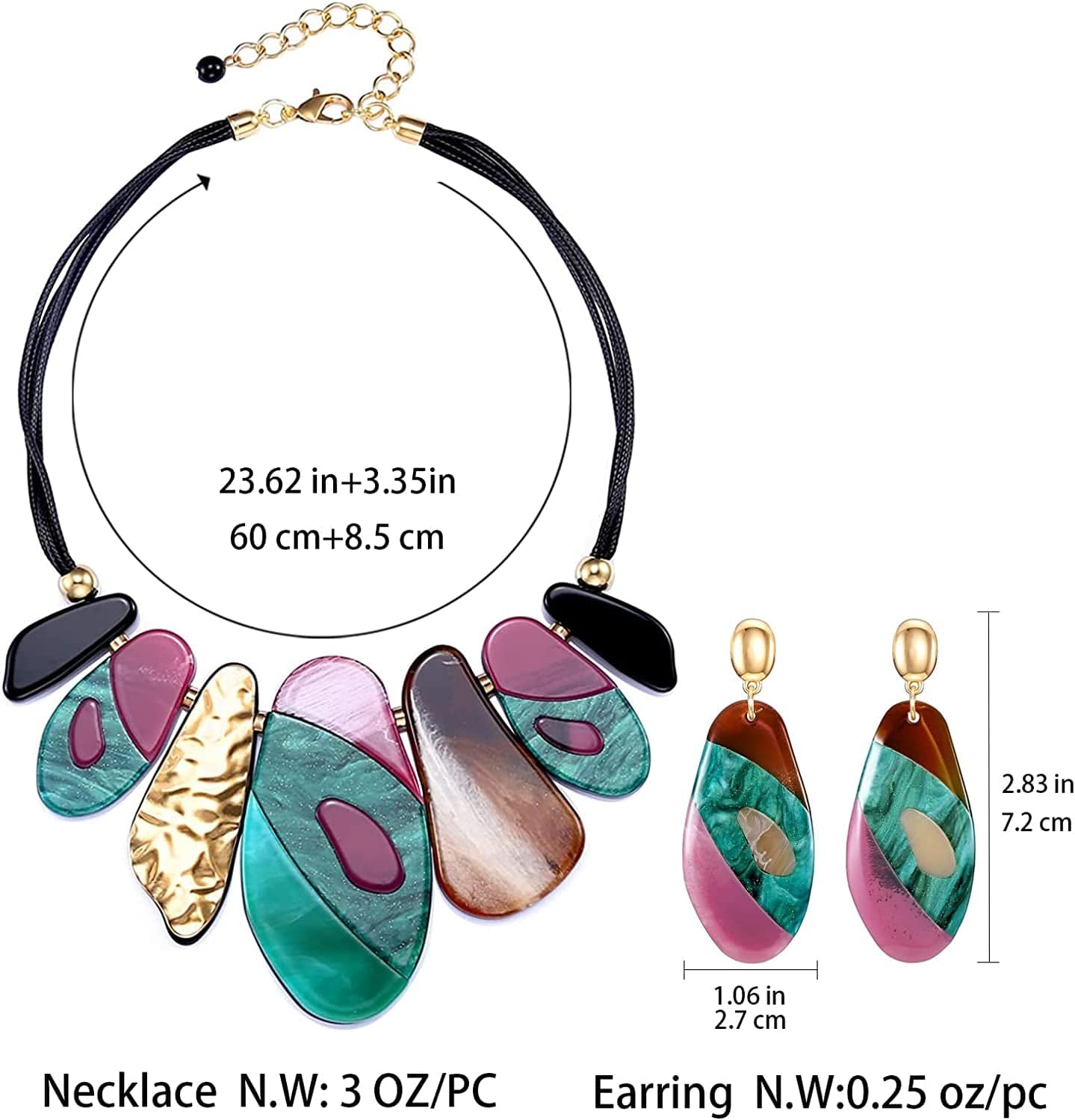 Costume Statement Bib Collar Necklace and Earring Jewelry Set, Big Multicolor Acrylic Vintage Chunky Necklaces Earrings Resin Summer Boho Jewelry Sets for Women