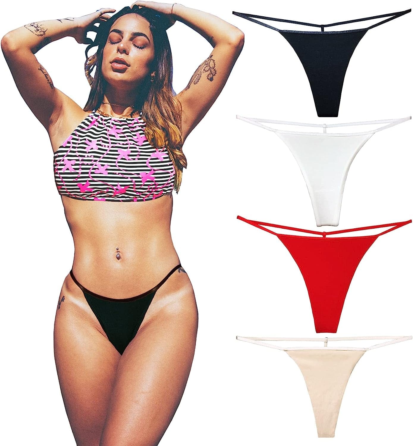 Cotton G String Thongs for Women T Back Gstring Underwear Seamless Panties Tangas Sexy 4 Pack Set B/R/W/N / Large