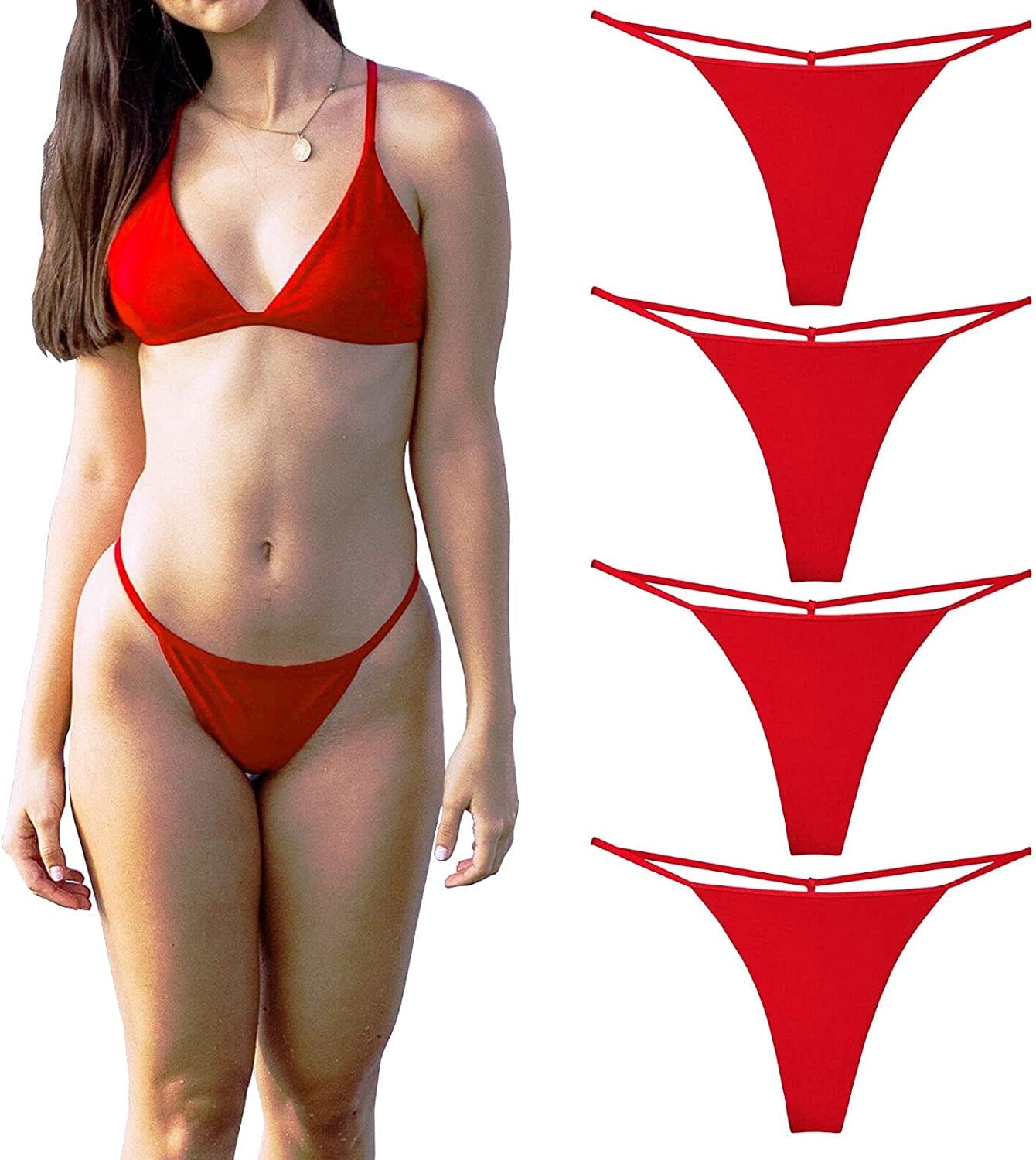 Cotton G String Thongs for Women T Back Gstring Underwear Seamless Panties Tangas Sexy 4 Pack Set Red / Medium