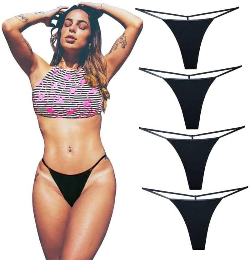 Cotton G String Thongs for Women T Back Gstring Underwear Seamless Panties Tangas Sexy 4 Pack Set Black / Large