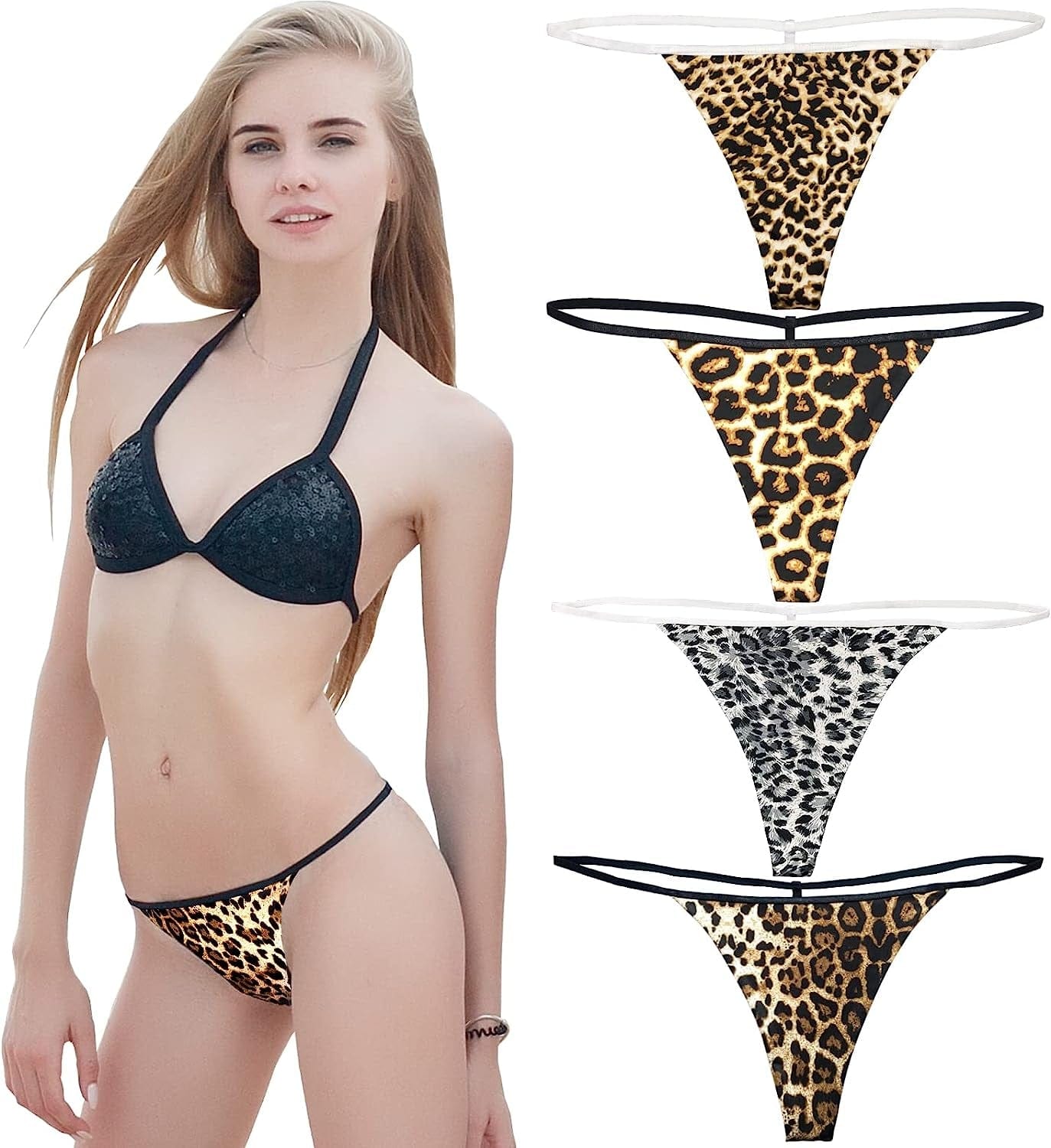 Cotton G String Thongs for Women T Back Gstring Underwear Seamless Panties Tangas Sexy 4 Pack Set Leopard / Medium