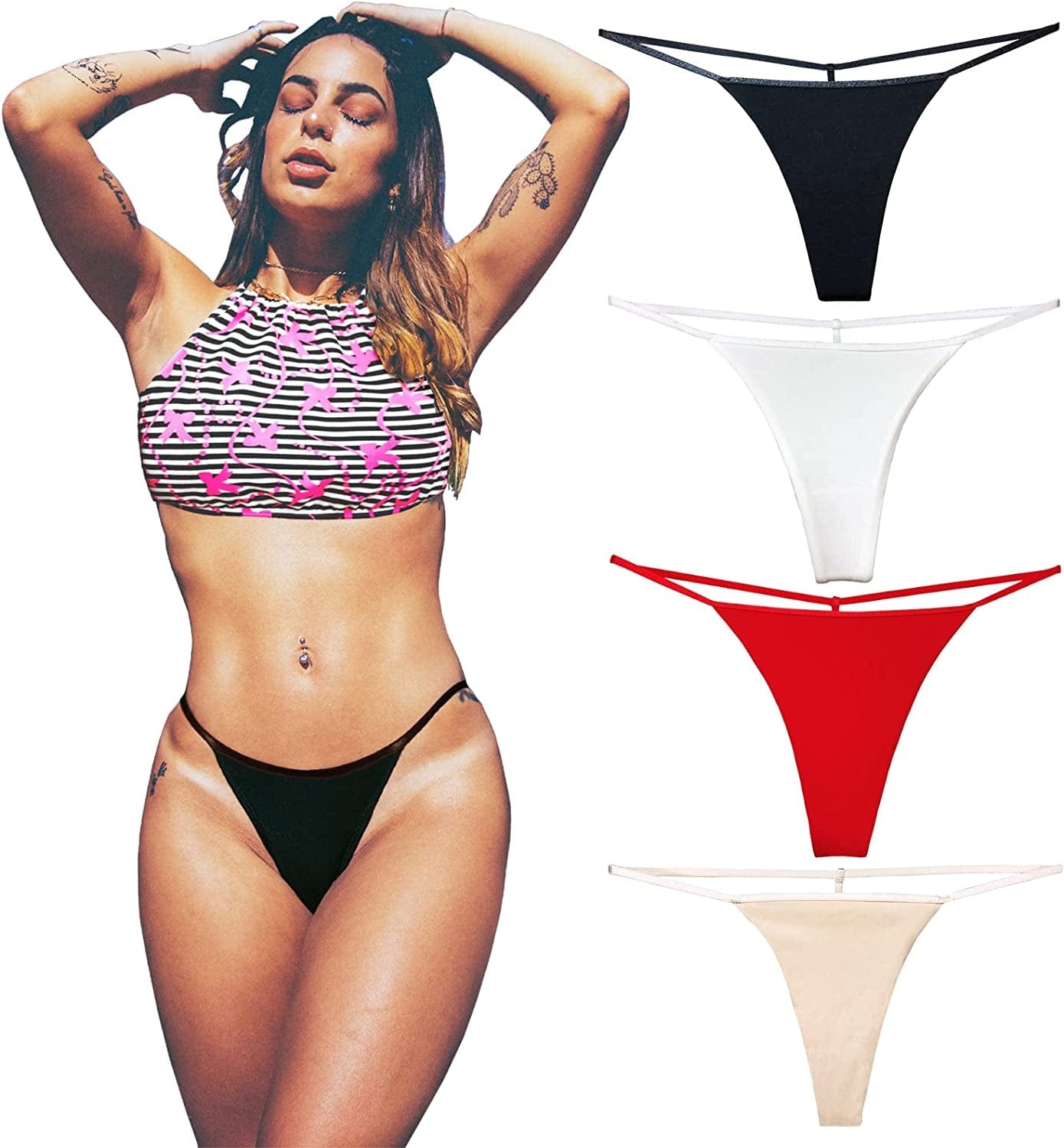 Cotton G String Thongs for Women T Back Gstring Underwear Seamless Panties Tangas Sexy 4 Pack Set B/R/W/N / Medium