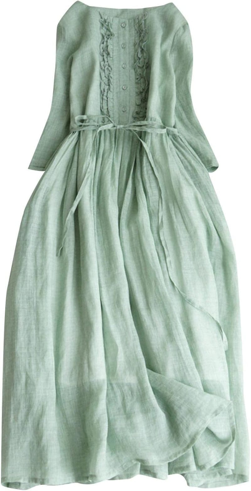 Cotton Linen Dress for Women Vintage Frill Trim Button down Long Sleeve Casual Midi Dresses Fall Loose Flowy Sundress Green / Xx-Large