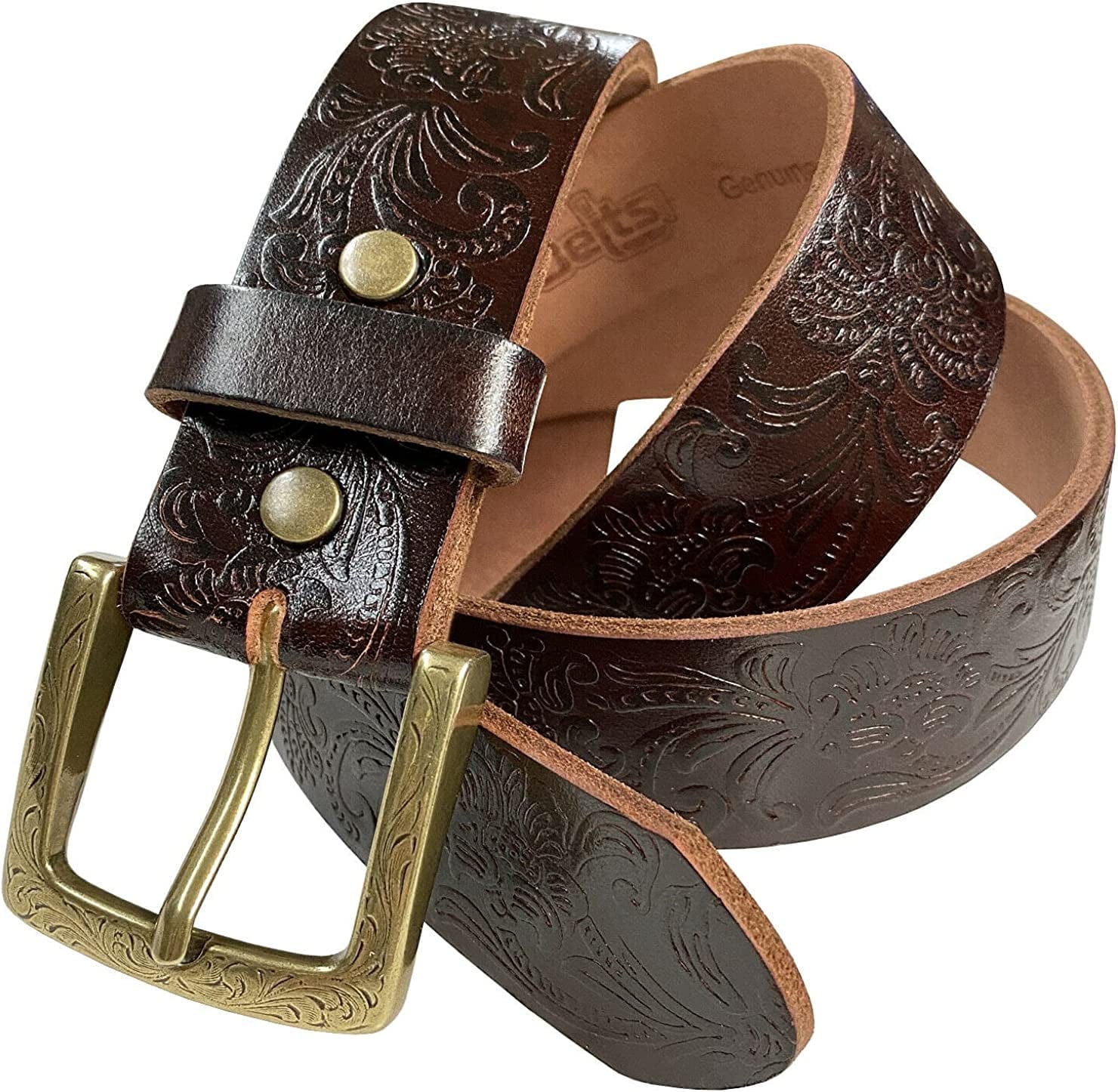 Cowboy Cowgirl Western Tooled Floral Embossed Full Grain Genuine Leather Belt Strap 1-1/2"(38Mm) Wide Apparel & Accessories > Clothing Accessories > Belts Belts.com Type C - Brown 40