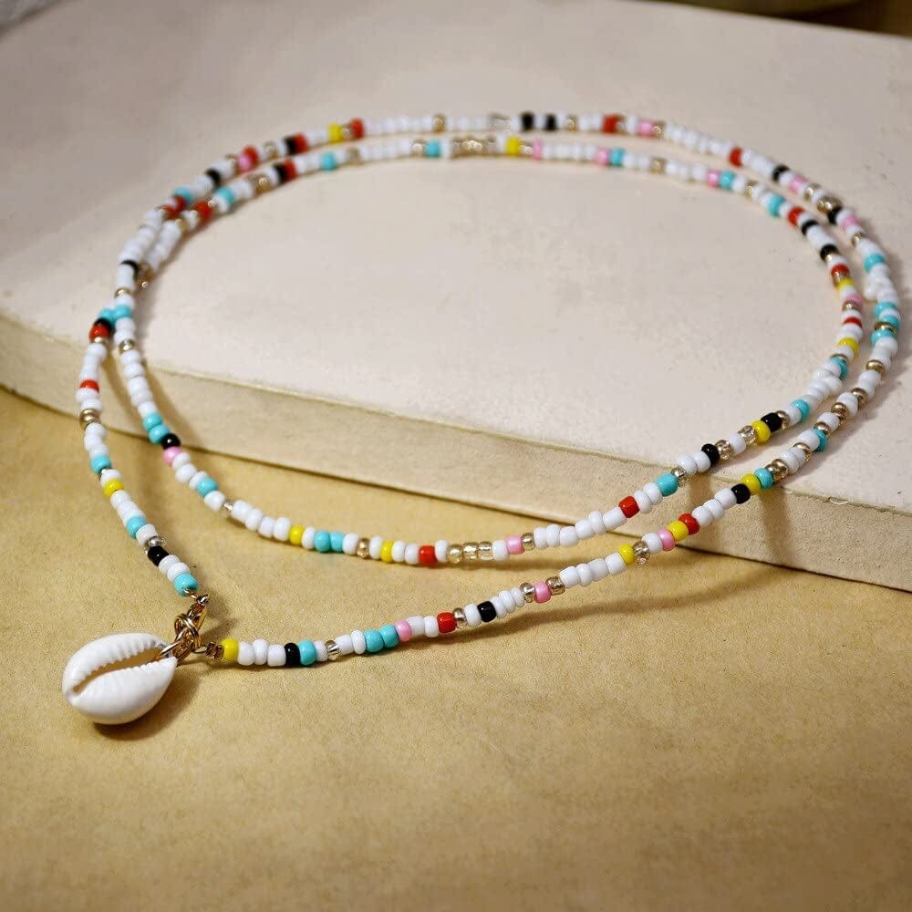 Cowrie Shell Choker Cross Colorful Beads Necklace for Women Long Chain Summer Beach Trendy Bohemian Bib Collier Femme 75Cm