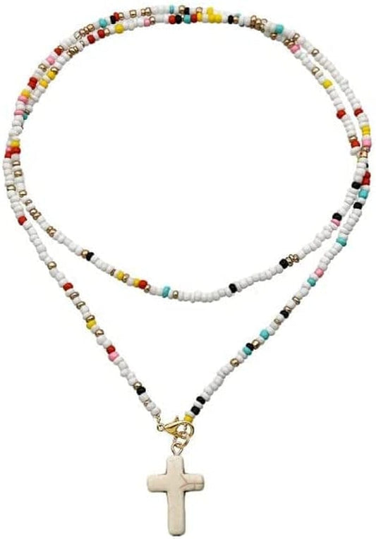 Cowrie Shell Choker Cross Colorful Beads Necklace for Women Long Chain Summer Beach Trendy Bohemian Bib Collier Femme 75Cm cross / 75cm