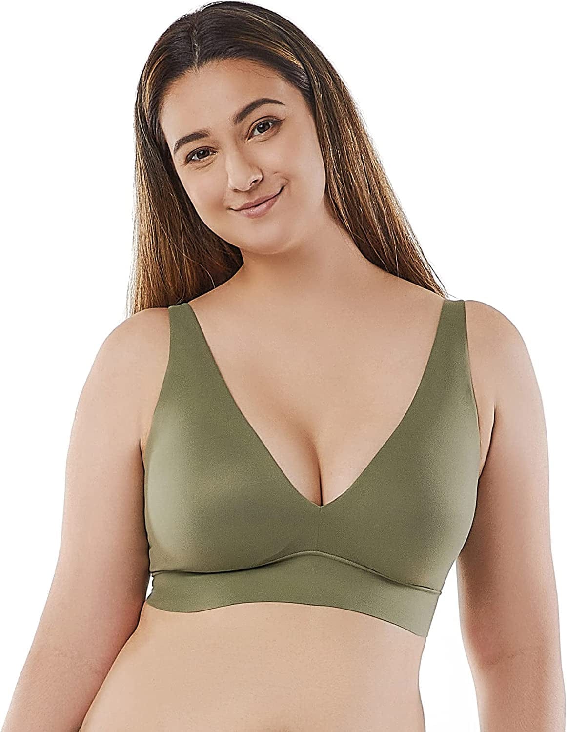 Cozy Wireless Plunge Bra for Women, Buttery Soft Comfort Seamless Everyday Bra with Embedded Pad New Deep Lichen Green / Medium