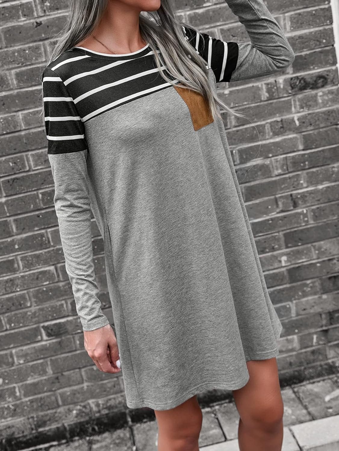 Cozyease Women'S Striped Print Colorblock T Shirt Dress Crewneck Long Sleeve Straight Tee Dresses with Pocket
