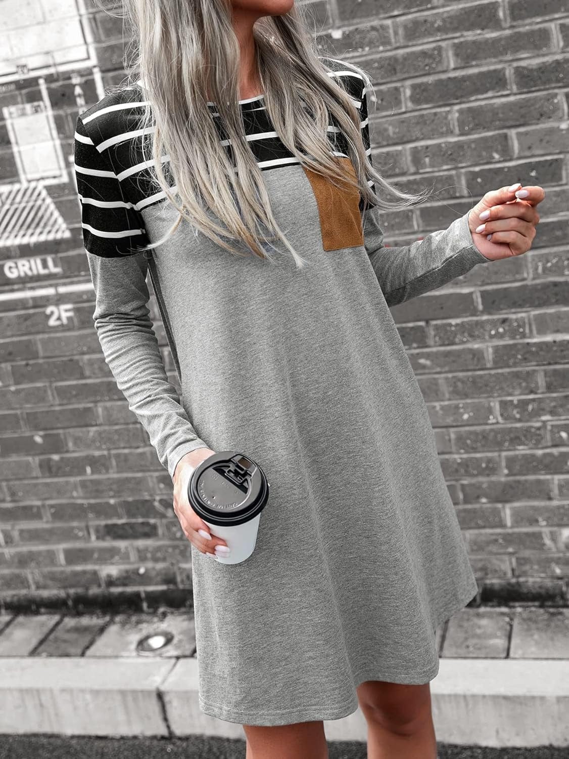 Cozyease Women'S Striped Print Colorblock T Shirt Dress Crewneck Long Sleeve Straight Tee Dresses with Pocket