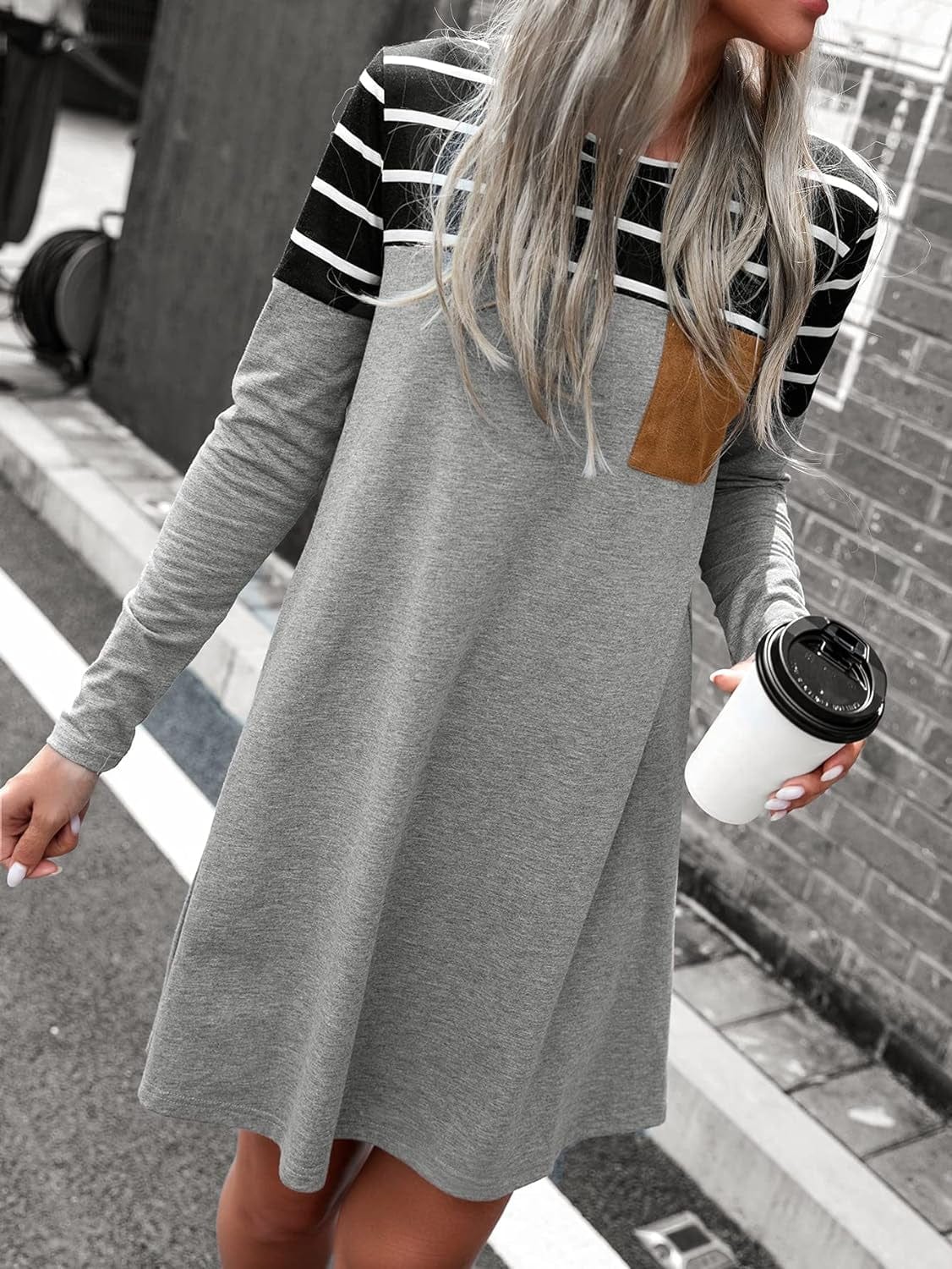 Cozyease Women'S Striped Print Colorblock T Shirt Dress Crewneck Long Sleeve Straight Tee Dresses with Pocket