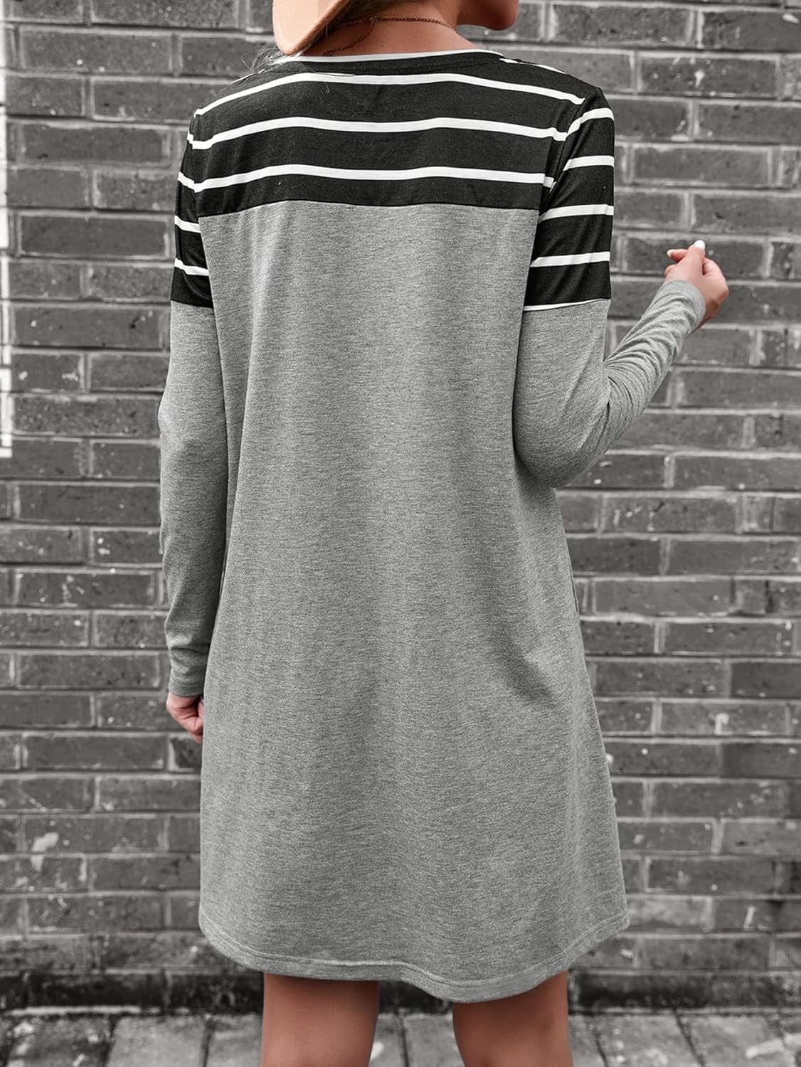 Cozyease Women'S Striped Print Colorblock T Shirt Dress Crewneck Long Sleeve Straight Tee Dresses with Pocket