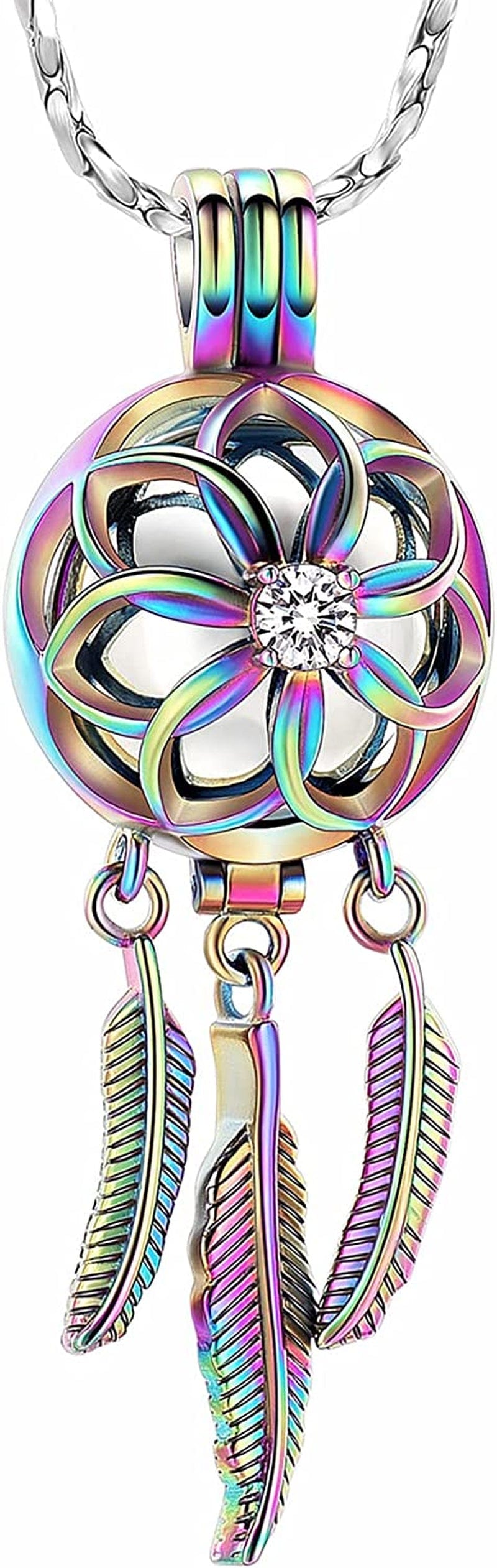 Cremation Jewelry Dream Catcher Urn Necklace for Ashes Flower with Feather Wings Ashes Pendant Necklace Cremation Keepsake Jewelry for Women Men Pet Colorful-Silver