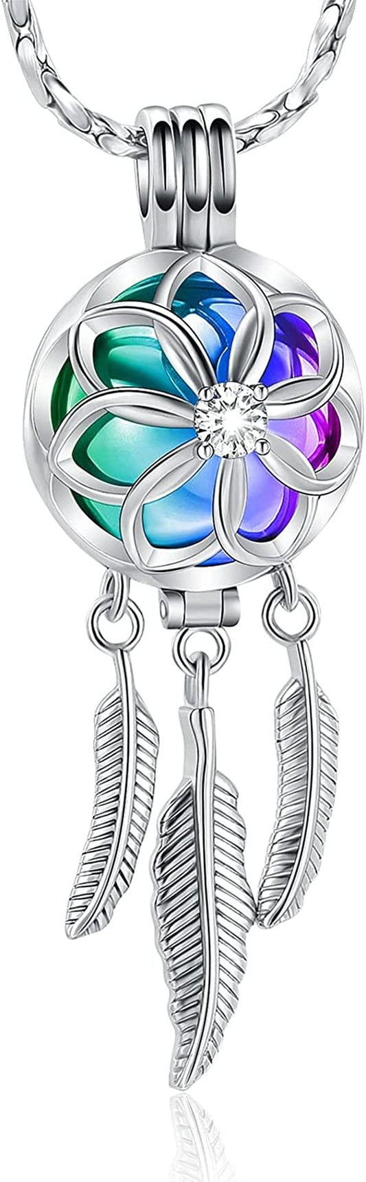 Cremation Jewelry Dream Catcher Urn Necklace for Ashes Flower with Feather Wings Ashes Pendant Necklace Cremation Keepsake Jewelry for Women Men Pet Colorful