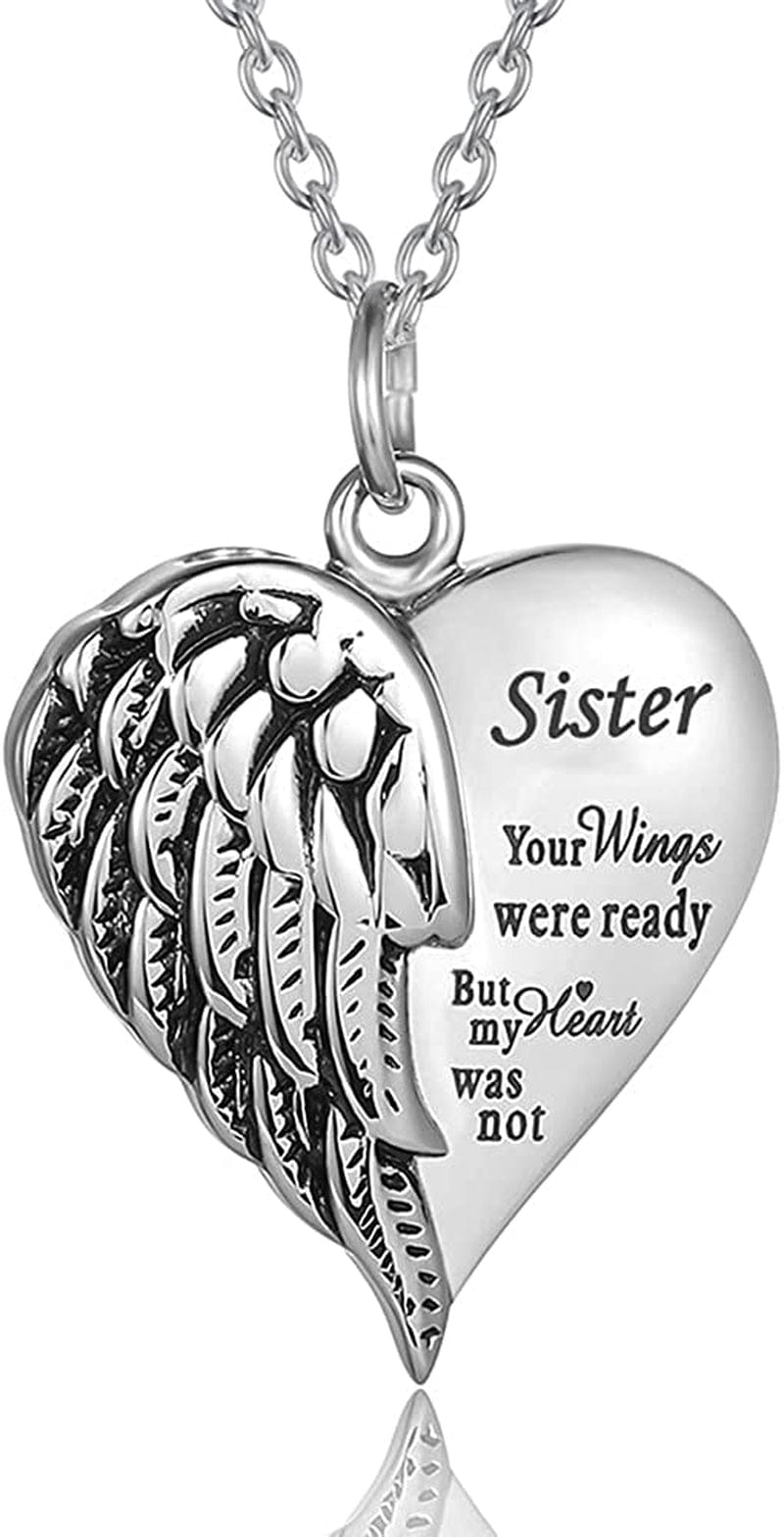 Cremation Jewelry for Ashes Engraved "Your Wings Were Ready but My Heart Was Not"Heart Urn Necklace Memorial Pendant TX-Sister