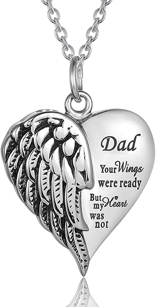 Cremation Jewelry for Ashes Engraved "Your Wings Were Ready but My Heart Was Not"Heart Urn Necklace Memorial Pendant TX-Dad