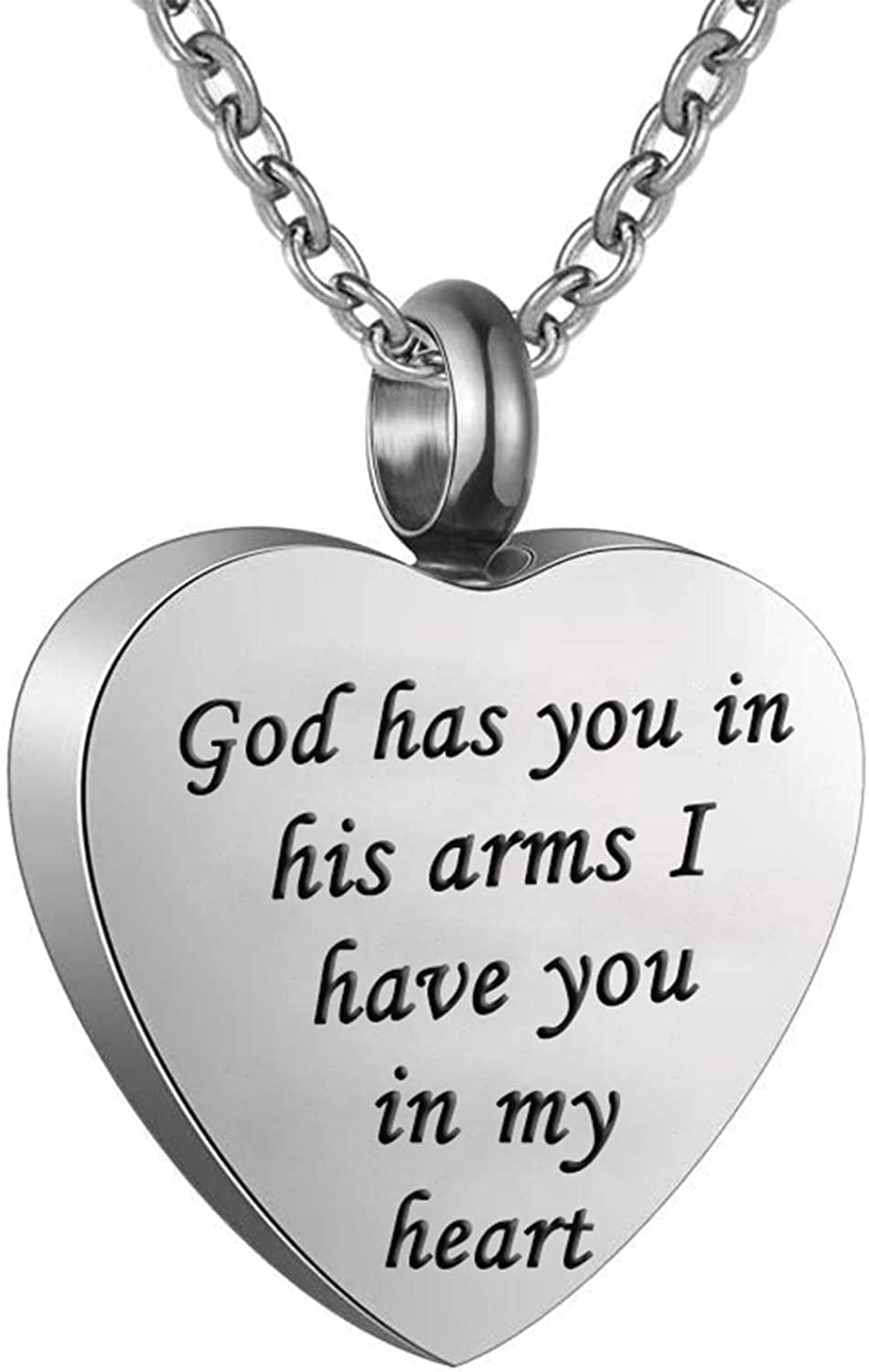 Cremation Jewelry Urn Necklace for Ashes God Has You in His Arms I Have You in My Heart Stainless Steel Keepsake Heart Memorial Pendant