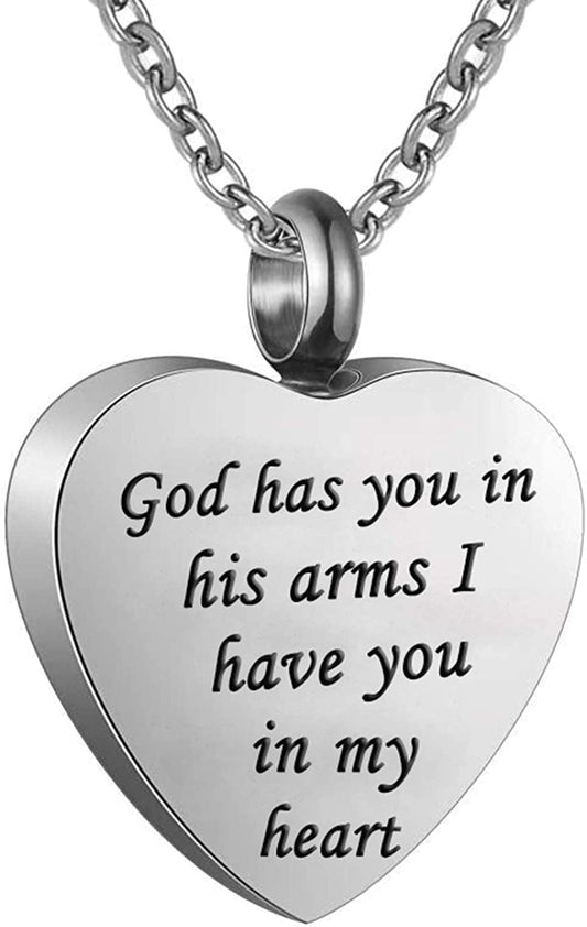 Cremation Jewelry Urn Necklace for Ashes God Has You in His Arms I Have You in My Heart Stainless Steel Keepsake Heart Memorial Pendant