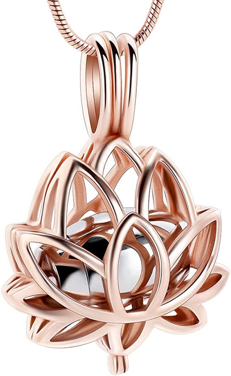 Cremation Jewelry Urn Pendant Necklace with Hollow Urn Cremation Jewelry for Ashes Lotus Flower Shape RoseGold