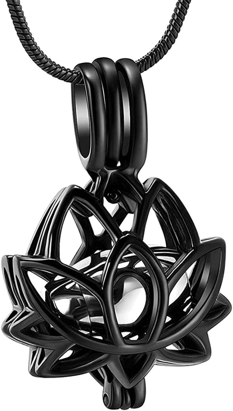 Cremation Jewelry Urn Pendant Necklace with Hollow Urn Cremation Jewelry for Ashes Lotus Flower Shape Black