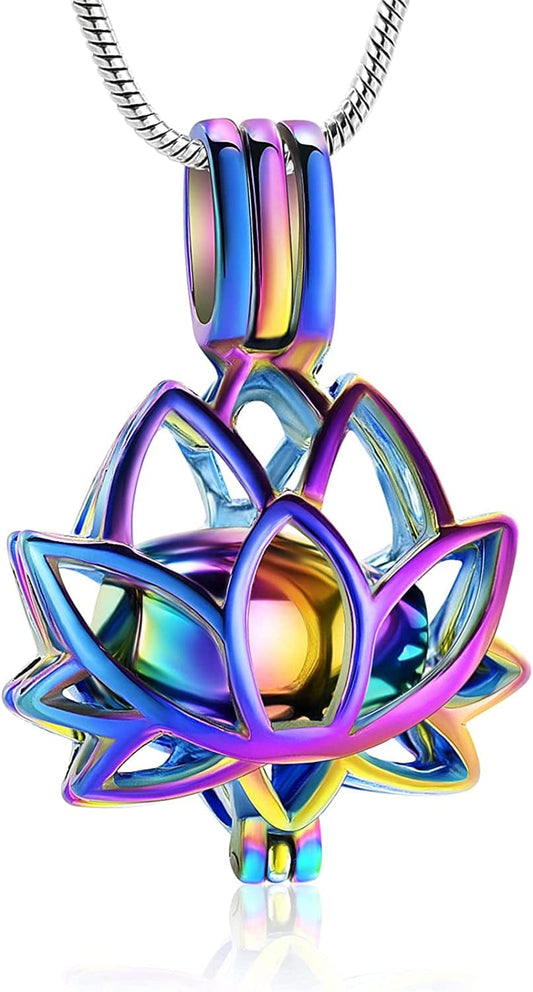 Cremation Jewelry Urn Pendant Necklace with Hollow Urn Cremation Jewelry for Ashes Lotus Flower Shape A-Colorful
