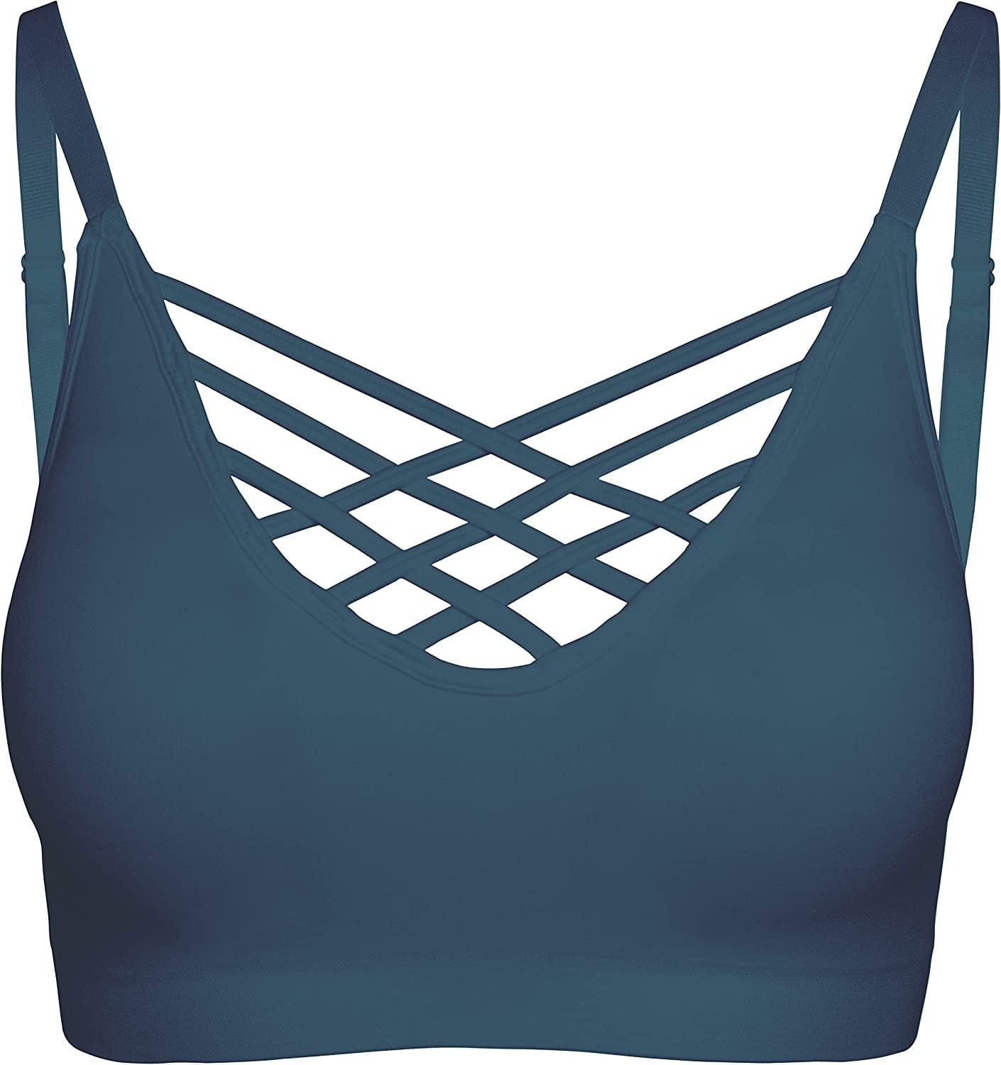 Crisscross Seamless Padded Bralette – Caged Cami Top with Removable Pads Regular to plus Size 009_teal / Small-Medium