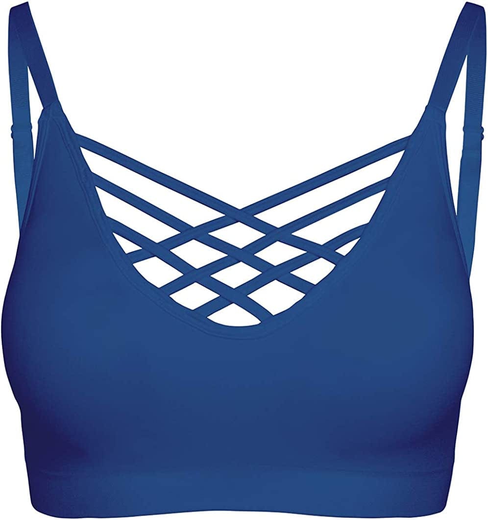 Crisscross Seamless Padded Bralette – Caged Cami Top with Removable Pads Regular to plus Size 009_sapphire / Small