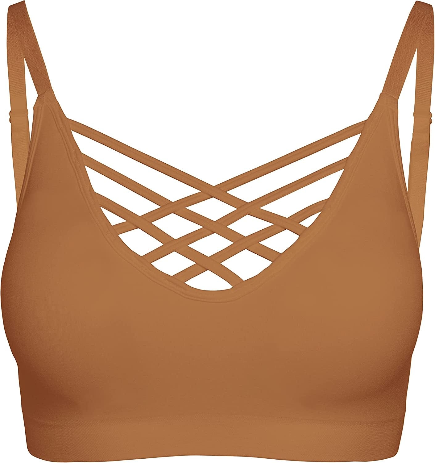 Crisscross Seamless Padded Bralette – Caged Cami Top with Removable Pads Regular to plus Size 009_coffee / Small