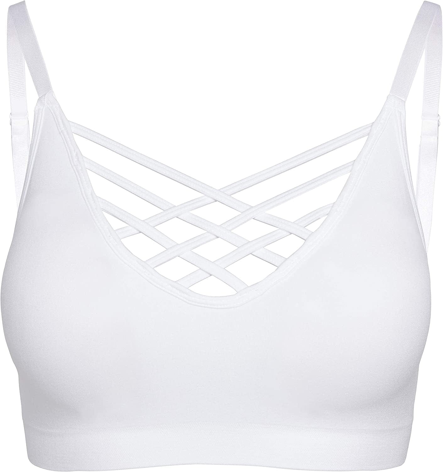 Crisscross Seamless Padded Bralette – Caged Cami Top with Removable Pads Regular to plus Size 009_white / Small-Medium