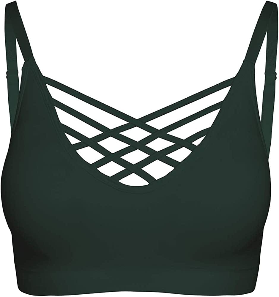 Crisscross Seamless Padded Bralette – Caged Cami Top with Removable Pads Regular to plus Size 009_huntergreen / Small-Medium