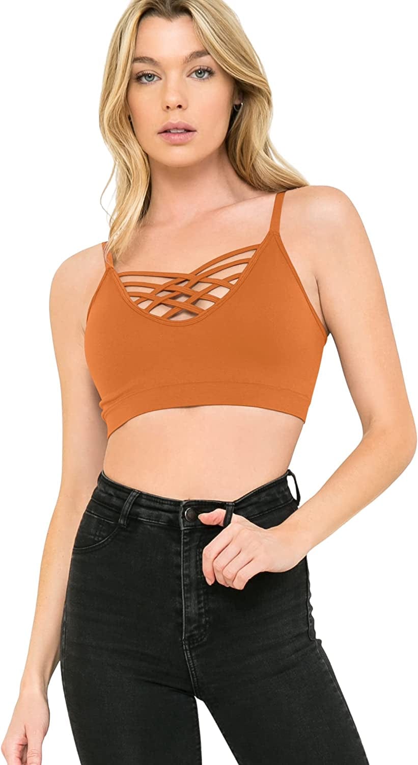 Crisscross Seamless Padded Bralette – Caged Cami Top with Removable Pads Regular to plus Size 0009_almond / Large-X-Large