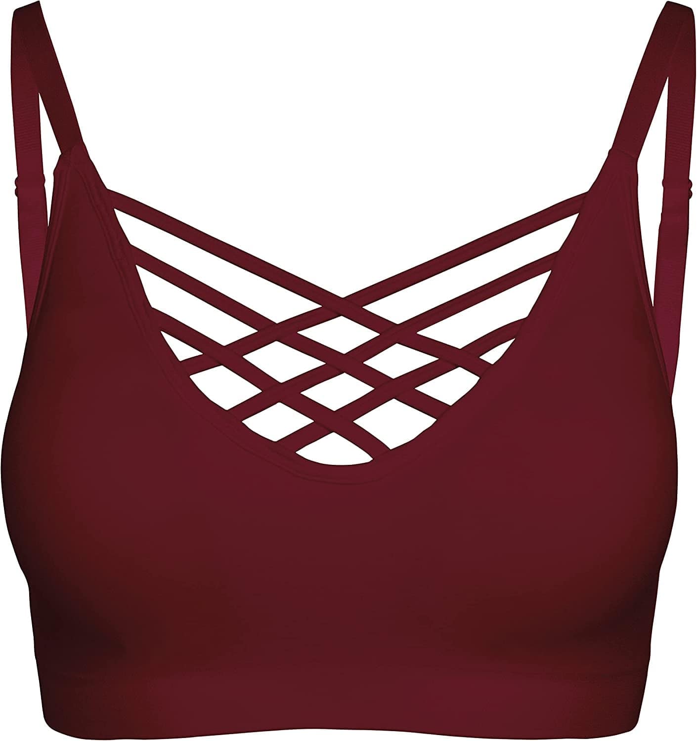 Crisscross Seamless Padded Bralette – Caged Cami Top with Removable Pads Regular to plus Size 009_darkburgundy / Small-Medium