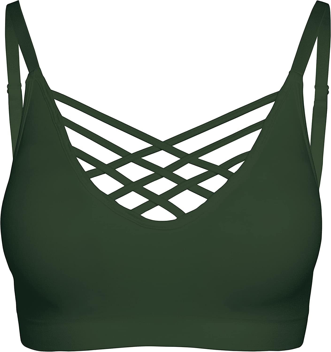 Crisscross Seamless Padded Bralette – Caged Cami Top with Removable Pads Regular to plus Size 009_armygreen / Small