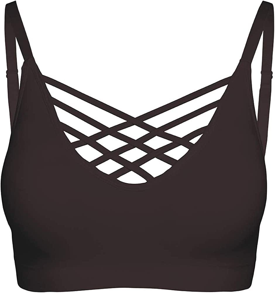 Crisscross Seamless Padded Bralette – Caged Cami Top with Removable Pads Regular to plus Size 009_americano / Small-Medium