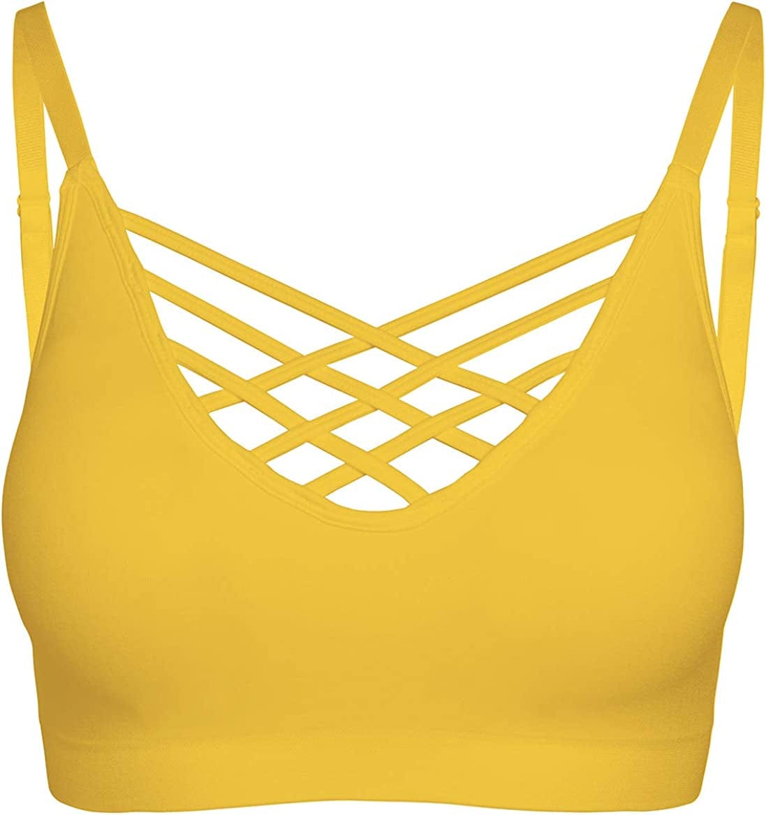 Crisscross Seamless Padded Bralette – Caged Cami Top with Removable Pads Regular to plus Size 009_yellow / Small