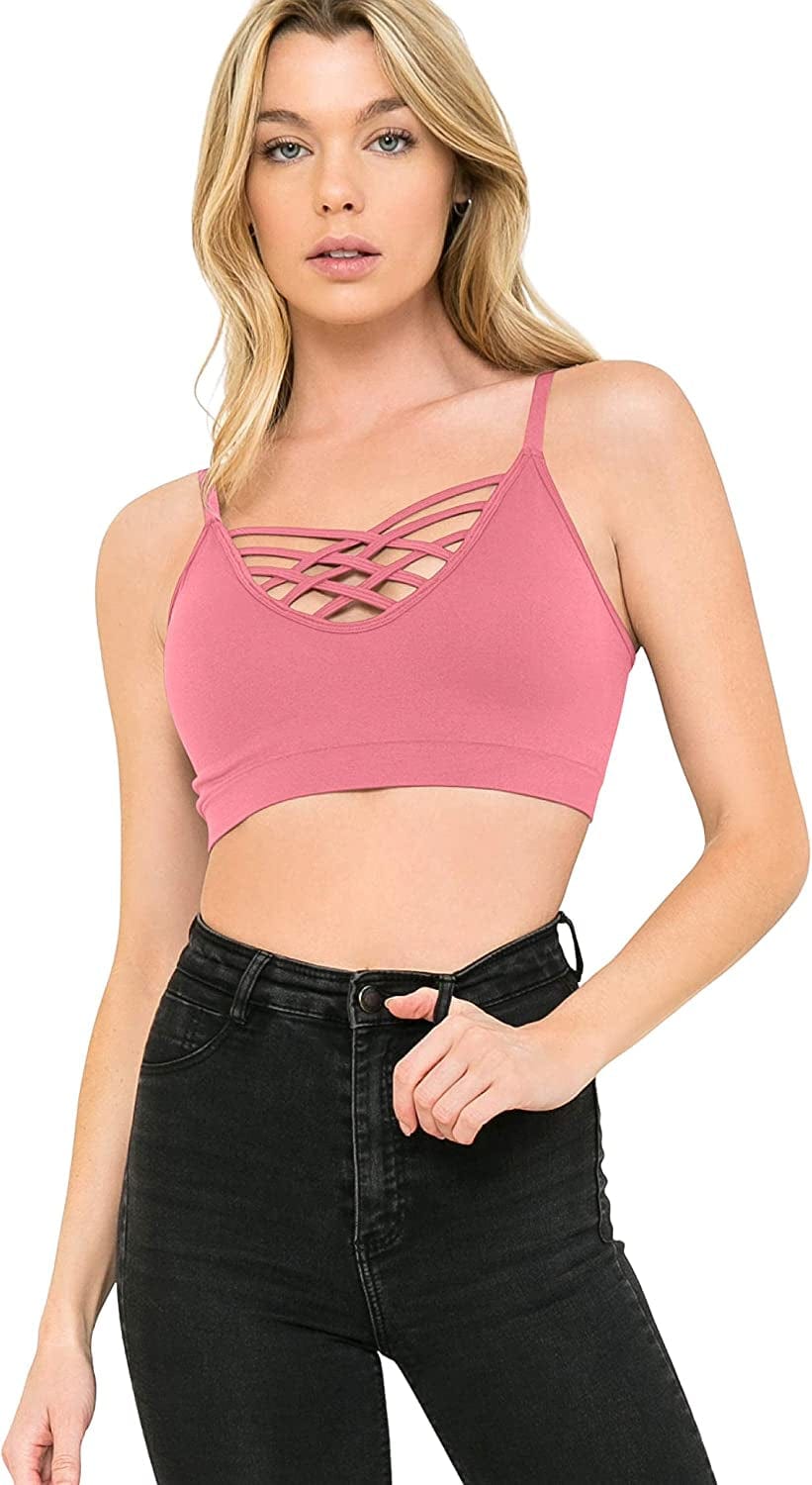 Crisscross Seamless Padded Bralette – Caged Cami Top with Removable Pads Regular to plus Size 009_rosepink / Large