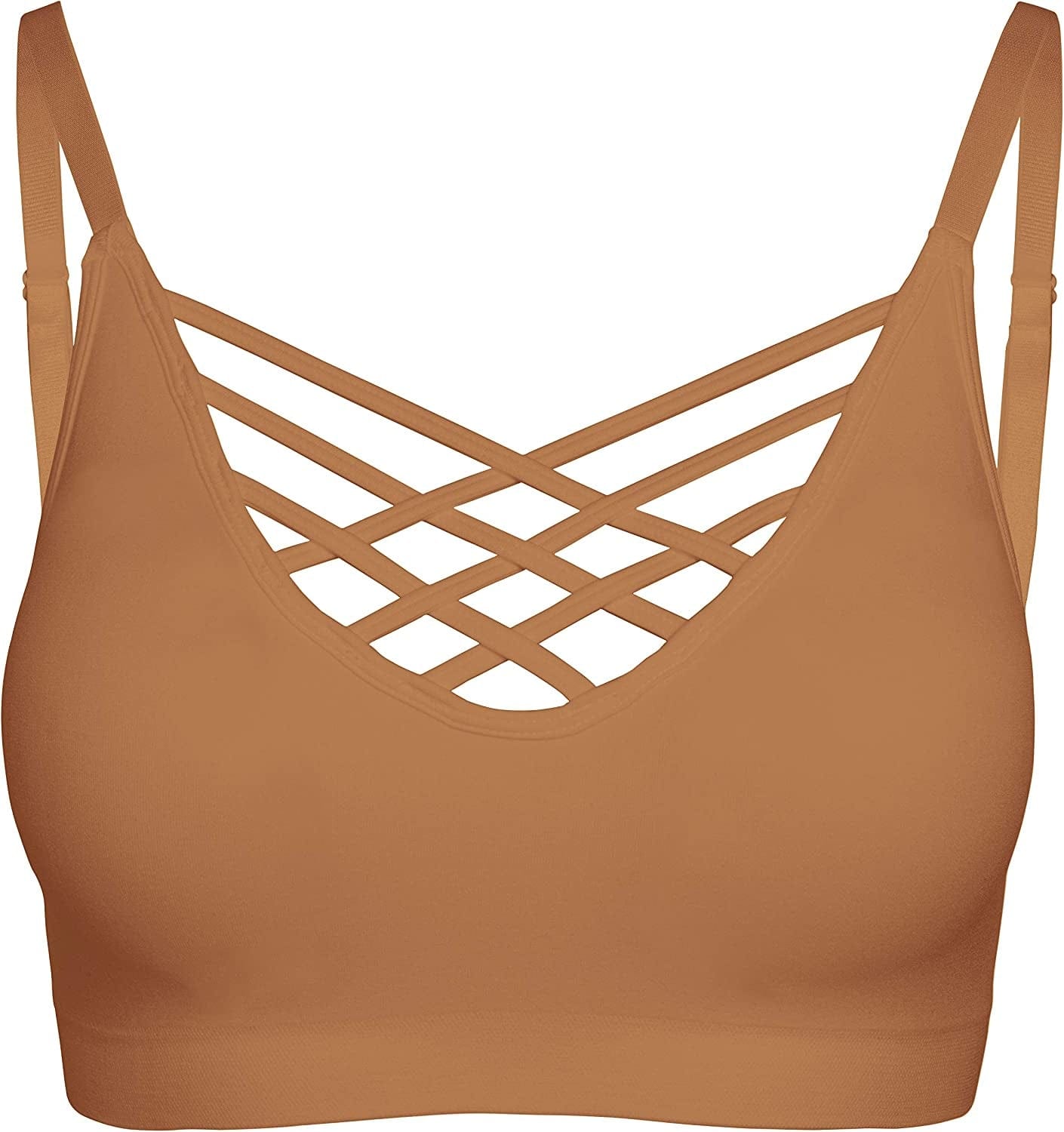 Crisscross Seamless Padded Bralette – Caged Cami Top with Removable Pads Regular to plus Size 009_eggshell / Large-X-Large