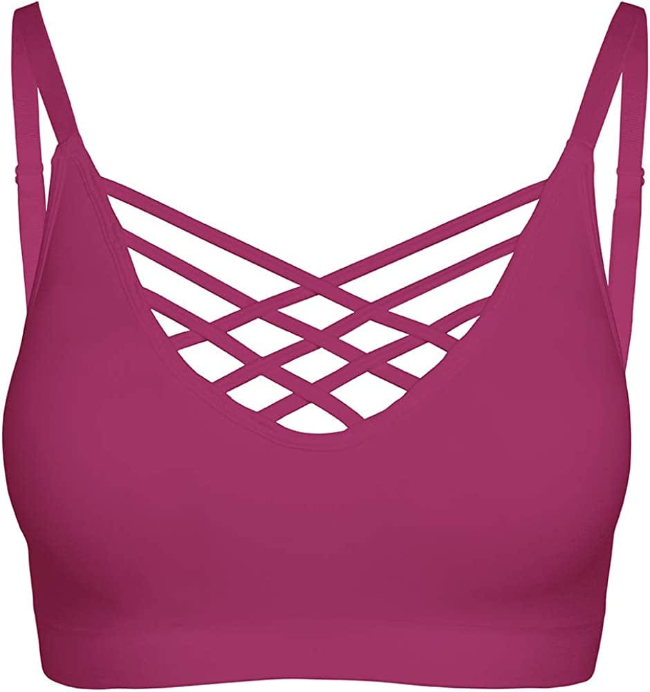 Crisscross Seamless Padded Bralette – Caged Cami Top with Removable Pads Regular to plus Size 009_magenta / Large