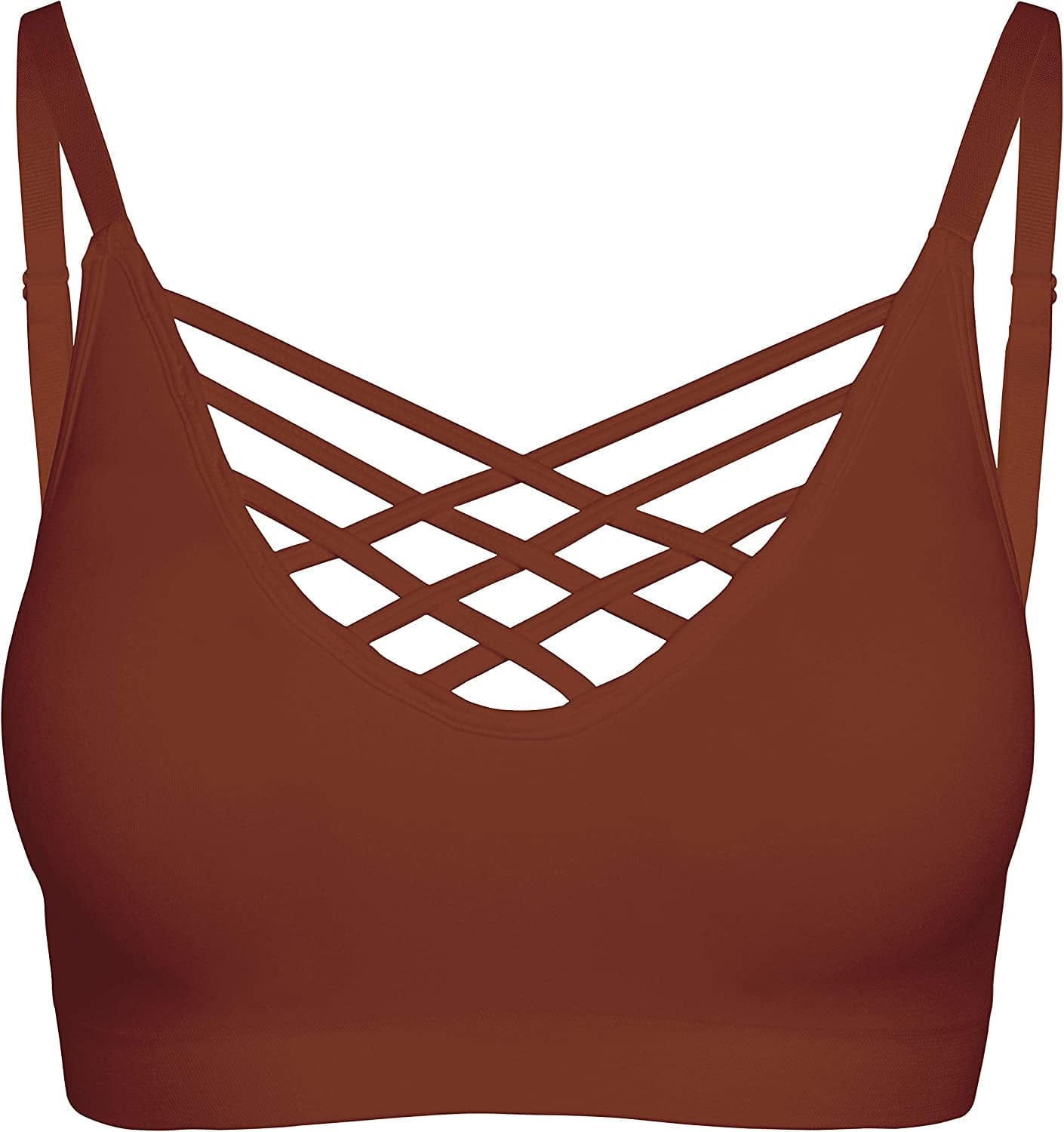 Crisscross Seamless Padded Bralette – Caged Cami Top with Removable Pads Regular to plus Size 009_firedbrick / Large-X-Large