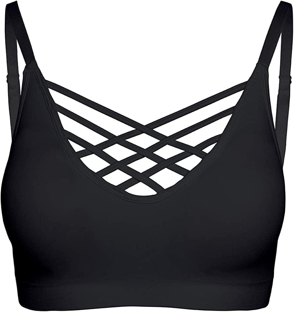 Crisscross Seamless Padded Bralette – Caged Cami Top with Removable Pads Regular to plus Size 009_black / Small-Medium