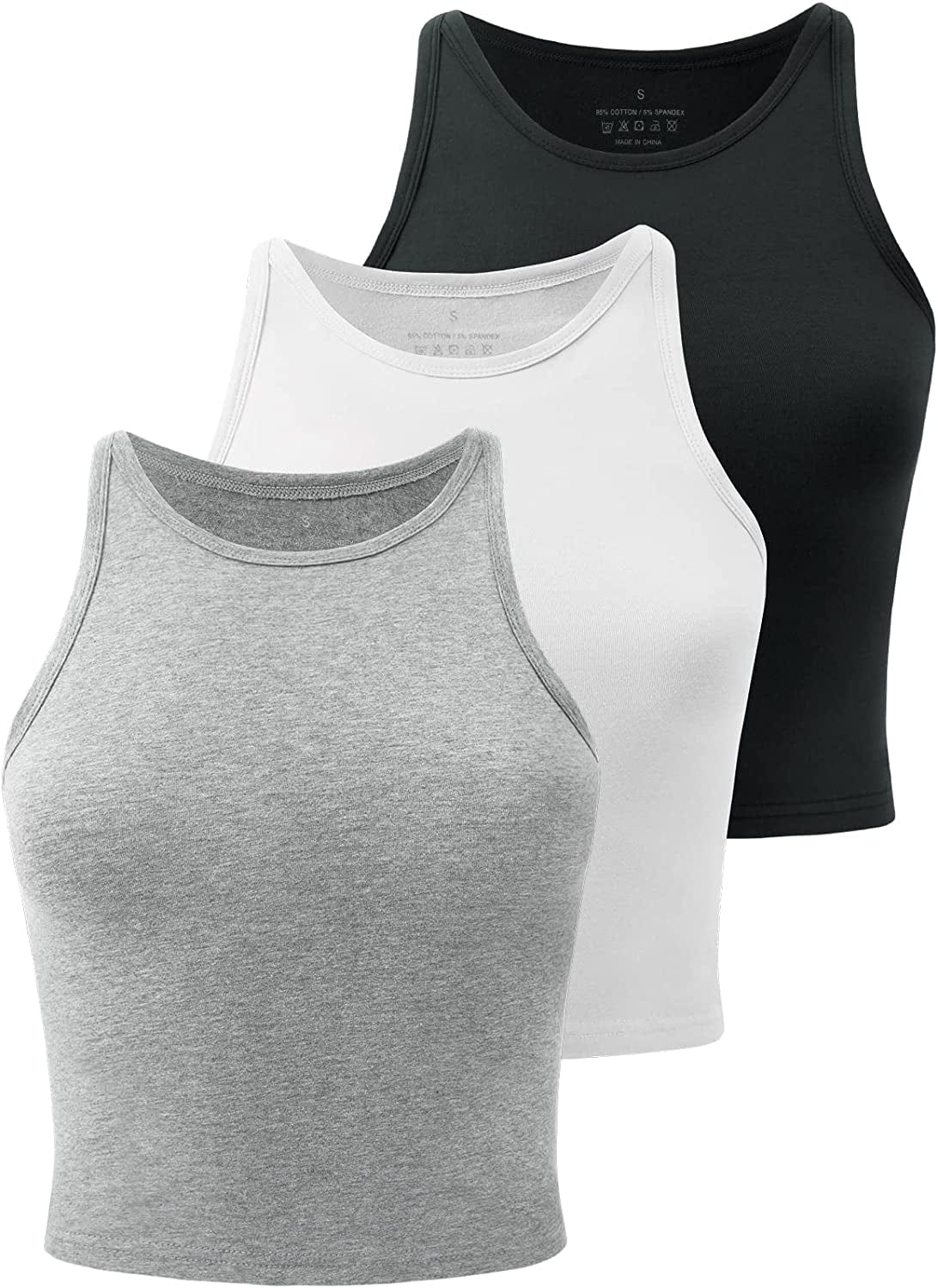 Crop Tops for Women High Neck Tank Top Athletic Cropped Shirts Workout Tanks Gym Clothes 3 Pack Black/Grey/White / X-Large