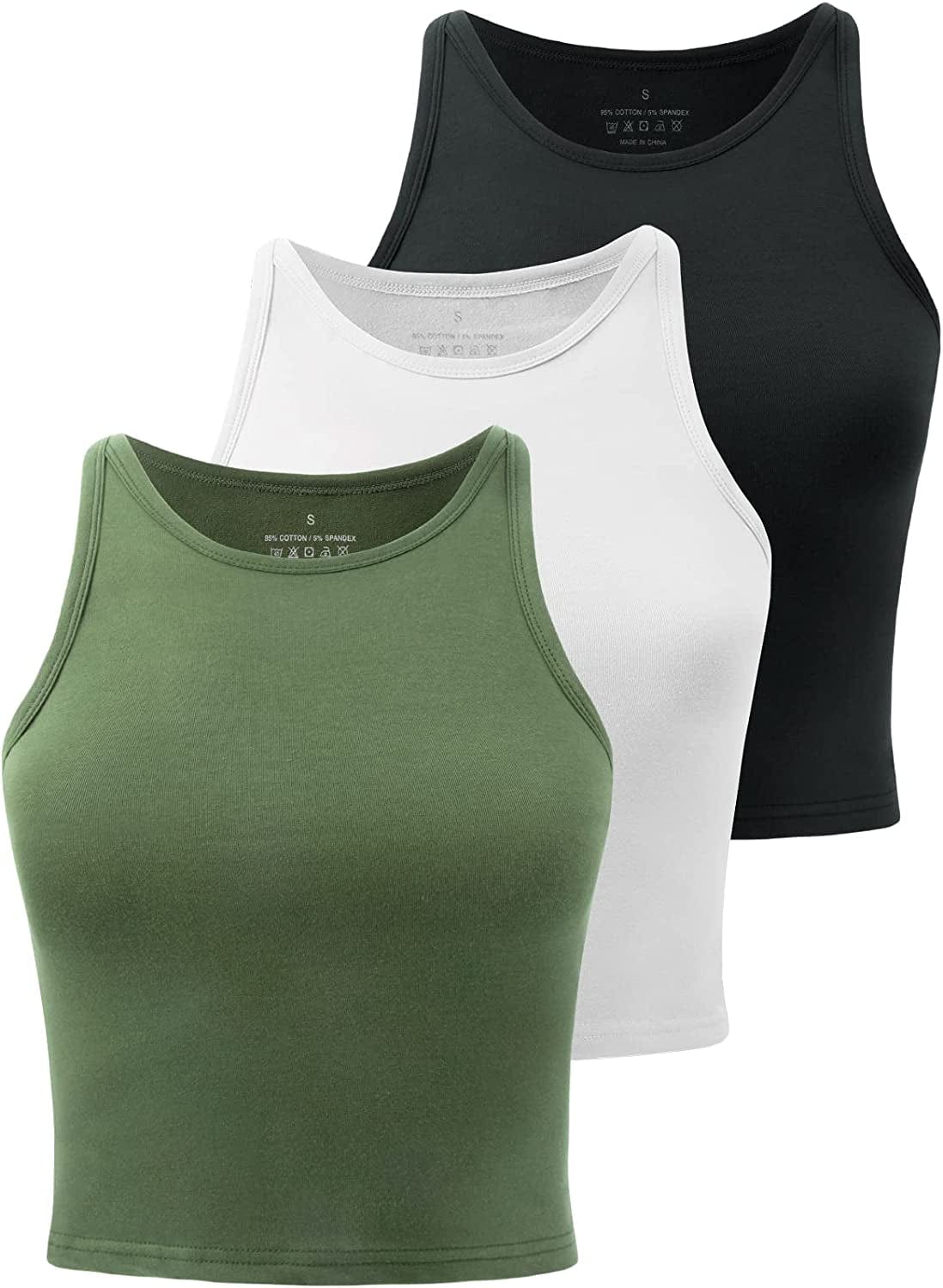 Crop Tops for Women High Neck Tank Top Athletic Cropped Shirts Workout Tanks Gym Clothes 3 Pack Black/White/Army Green / X-Large