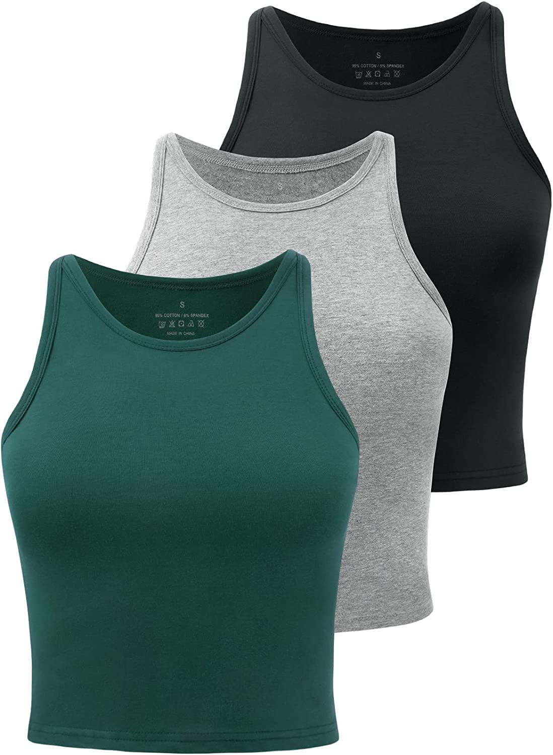Crop Tops for Women High Neck Tank Top Athletic Cropped Shirts Workout Tanks Gym Clothes 3 Pack Black/Grey/Forest Green / X-Large