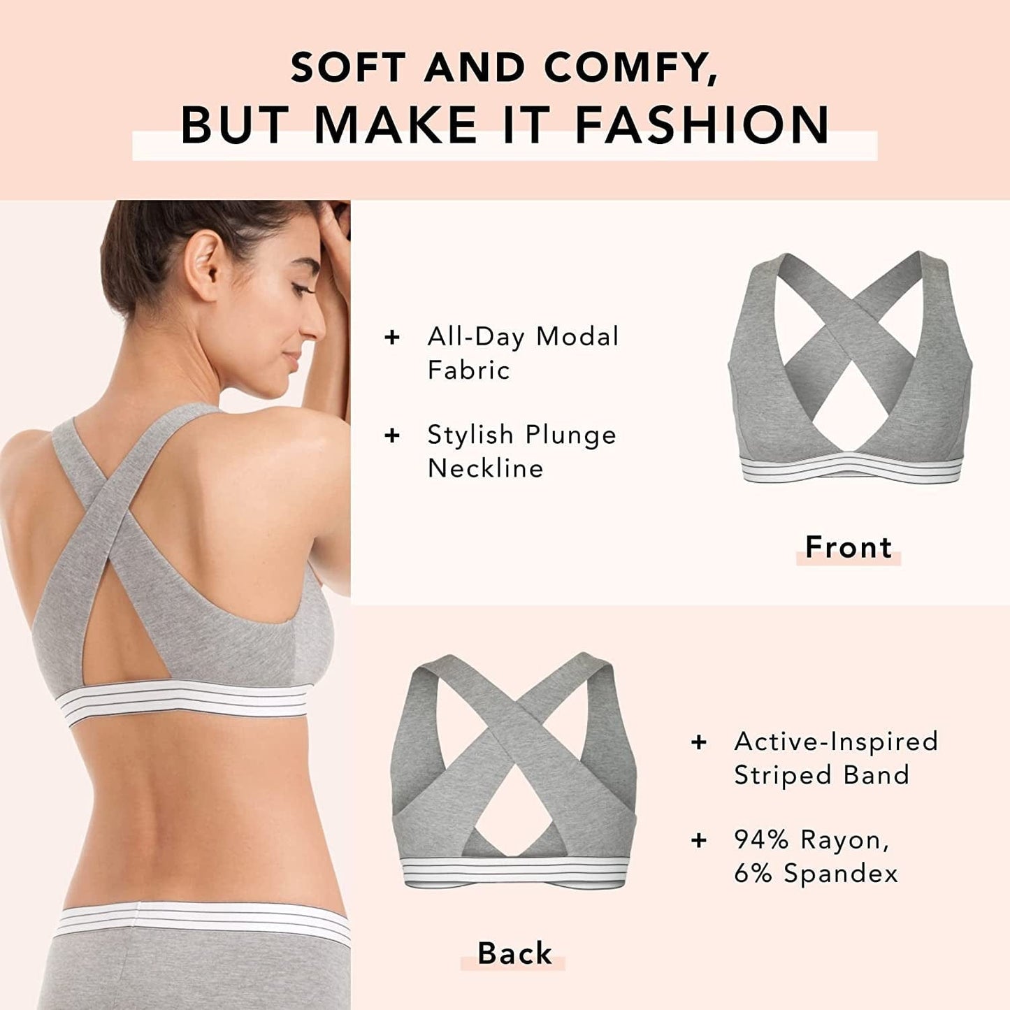 Cross Back Bralette - Modal Cotton Bra, Wireless Deep V Bra - Lounge Bra, Everyday Bras, and Comfy Bras for Women