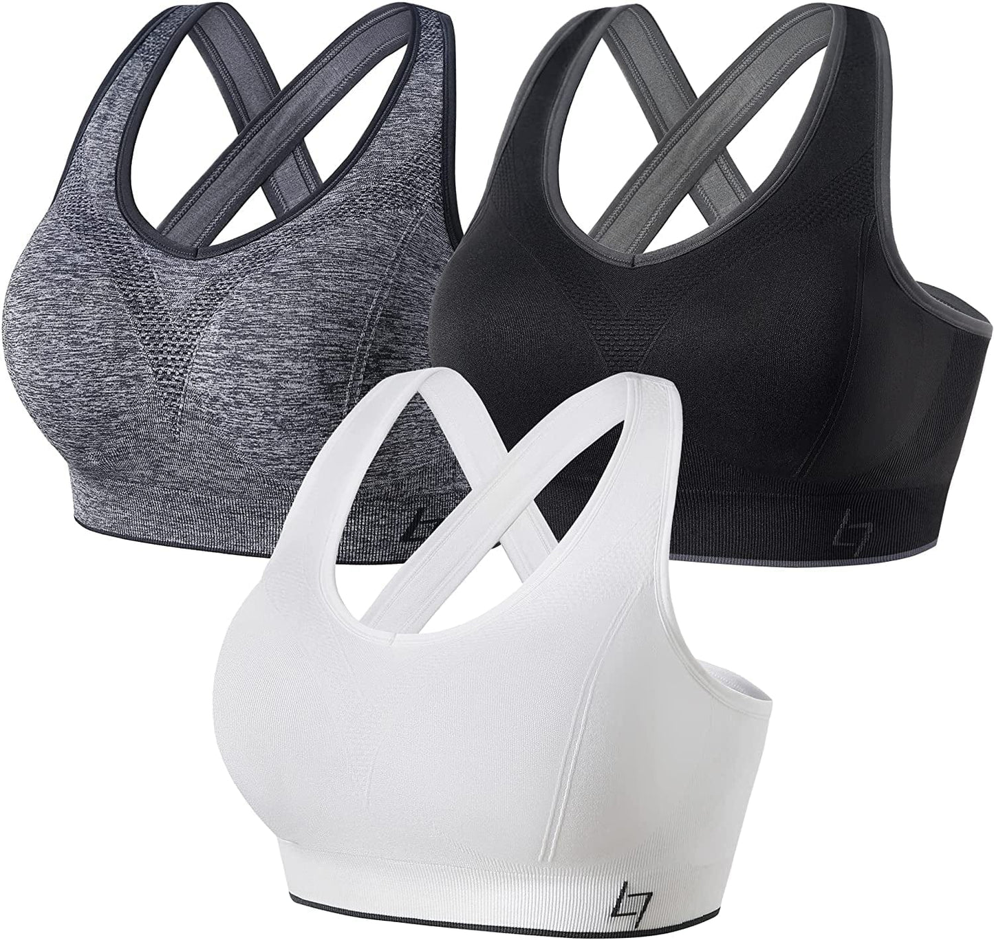 Cross Back Sports Bras for Women - Seamless Sports Bra with Removable Padded for Yoga Gym Workout B-pack of 3 Black/White/Grey / Medium
